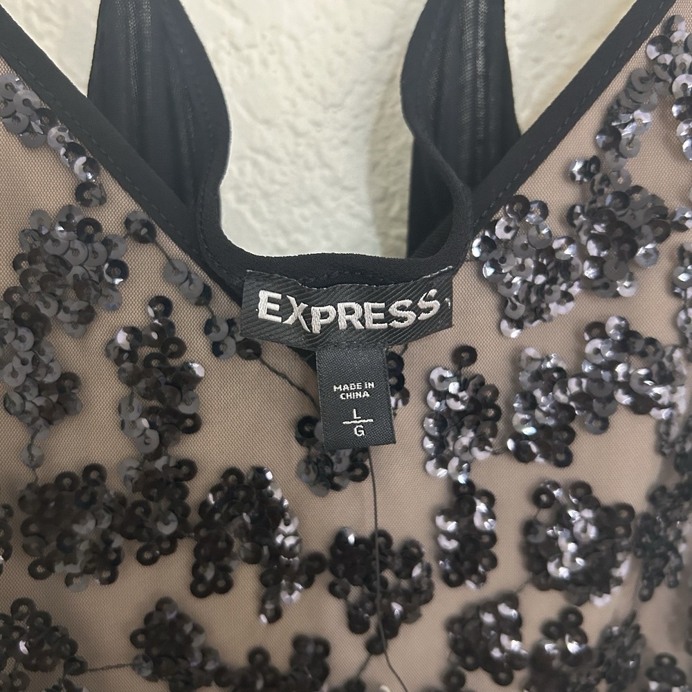 Express Black Sequin V-Neck Spaghetti Strap Camisole Tank Top Size L Glam NWT - Picture 2 of 10